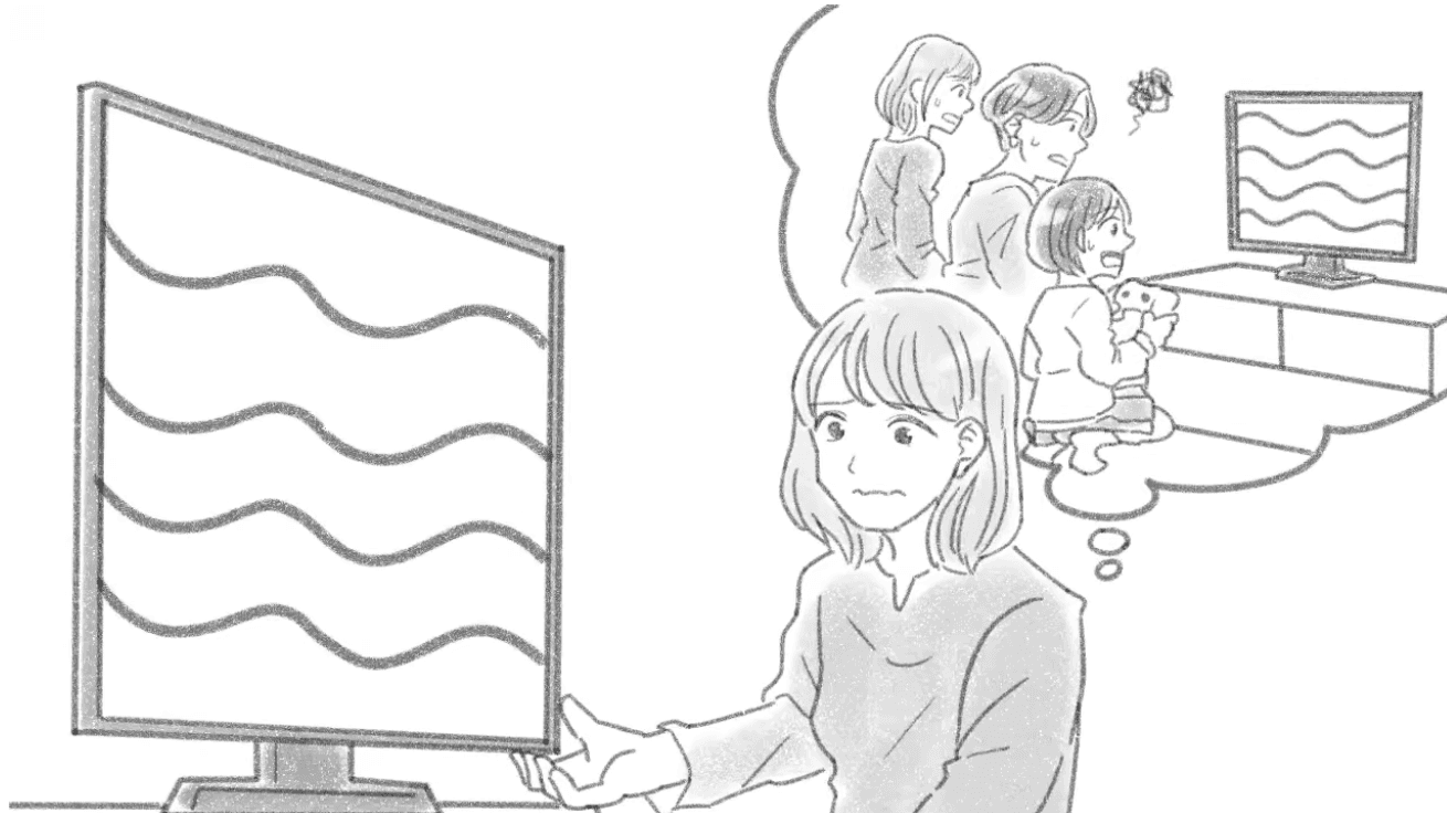 テレビを見る女性が家族の場面を想像するパラパラ漫画の場面